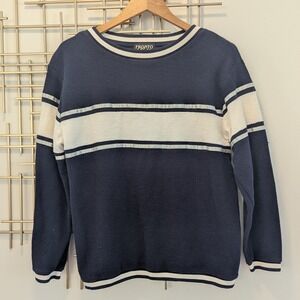 VTG 90's Pronto Gold Navy Blue White Stripe Long Sleeve Crewneck Sweater Mens M